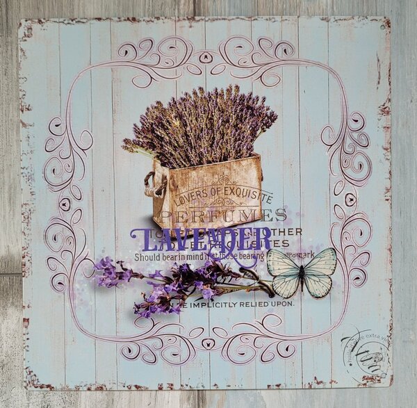 Modrá nástenná kovová ceduľa s levanduľou Lavander - 30*30 cm - Ostatní