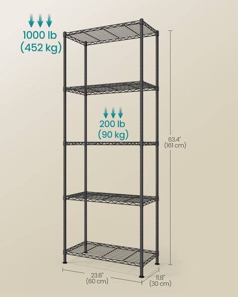 SONGMICS Kovový regál s nastaviteľnými policami, 5 poschodí, 60 x 161 x 30 cm, čierna