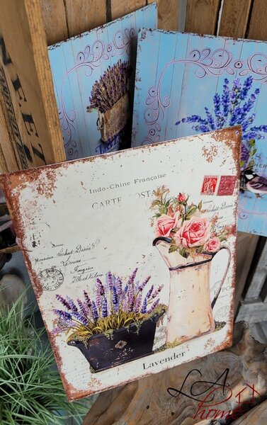 Modrá nástenná kovová ceduľa s levanduľou Lavander - 30*30 cm - Ostatní