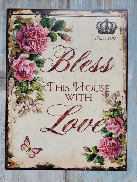 Nástenná kovová ceduľa Bless this house with Love - 25*33 cm - Ostatní