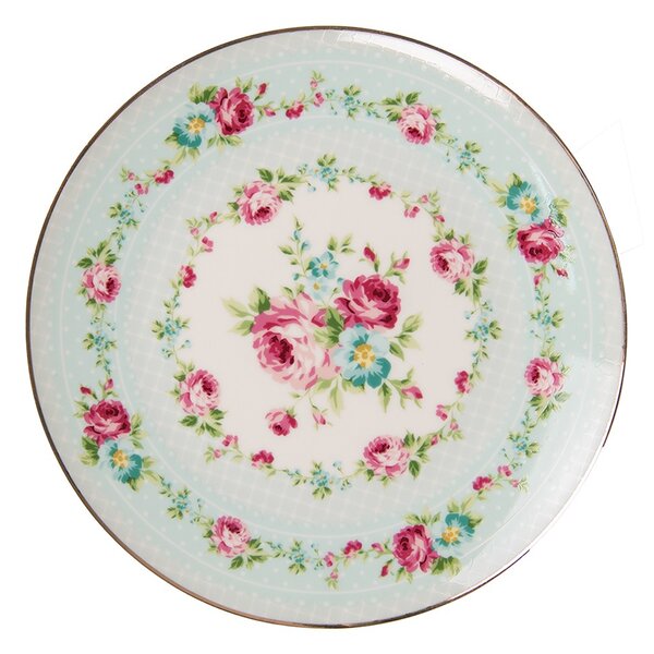 Zelený porcelánový dezertný tanier s kvetmi - Ø 21*2 cm - Clayre & Eef