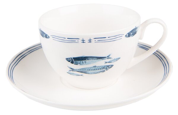 Porcelánová šálka s tanierikom s rybkami Fish Blue - 12*6*6 cm / Ø 15*2 cm / 250 ml - Clayre & Eef
