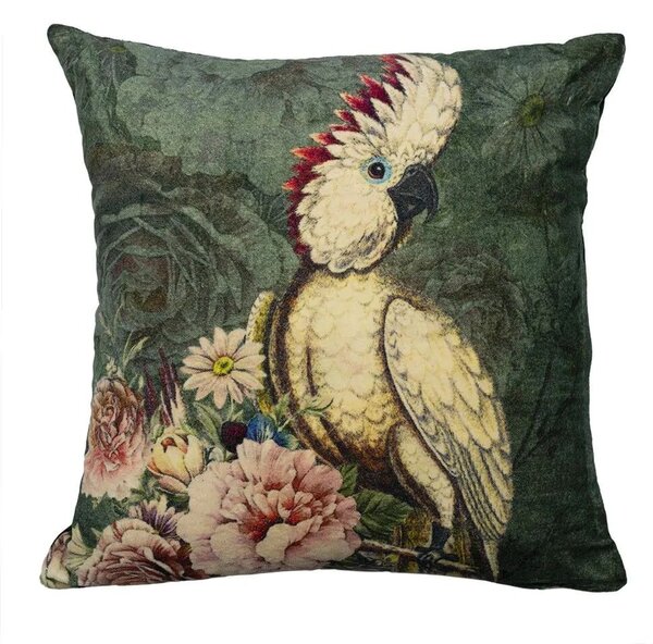 Zelený zamatový vankúš s dekorom kvetín a kakadu Cockatoo - 45*45*17cm - Mars & More