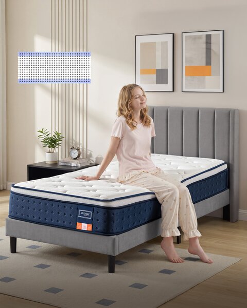 VASAGLE Stredne tvrdý matrac s vreckovými pružinami a gélovou pamäťovou penou 90 x 200 x 25 cm H3, modrý