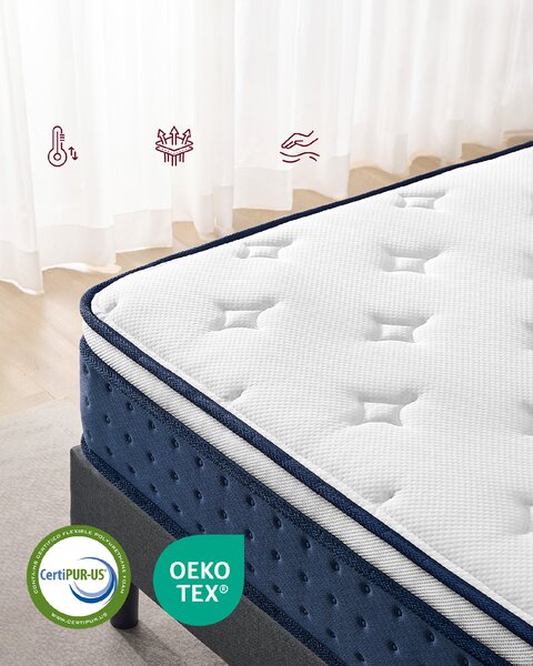 VASAGLE Stredne tvrdý matrac s vreckovými pružinami a gélovou pamäťovou penou 90 x 200 x 25 cm H3, modrý