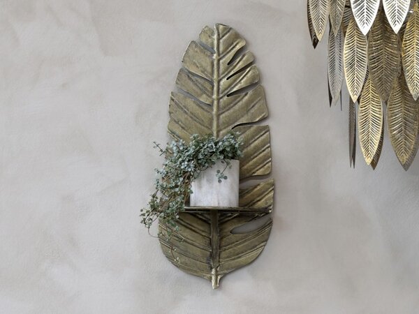 Mosadzná antik nástenná kovová polička v tvare peria Feather - 24*12*56cm - Chic Antique