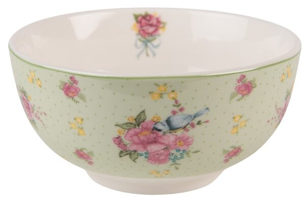 Zelená porcelánová miska s kvetmi a vtáčikom Cheerful Birdie - Ø 14*7 cm/ 500ml - Clayre & Eef