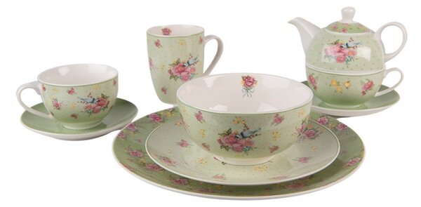 Zelená porcelánová miska s kvetmi a vtáčikom Cheerful Birdie - Ø 14*7 cm/ 500ml - Clayre & Eef
