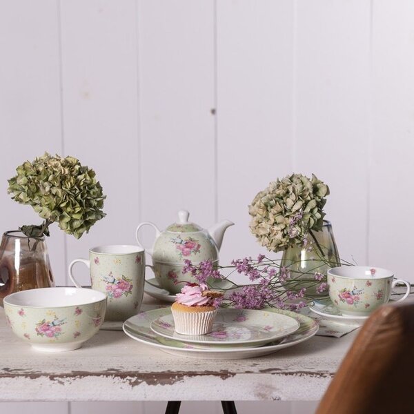 Zelená porcelánová miska s kvetmi a vtáčikom Cheerful Birdie - Ø 14*7 cm/ 500ml - Clayre & Eef