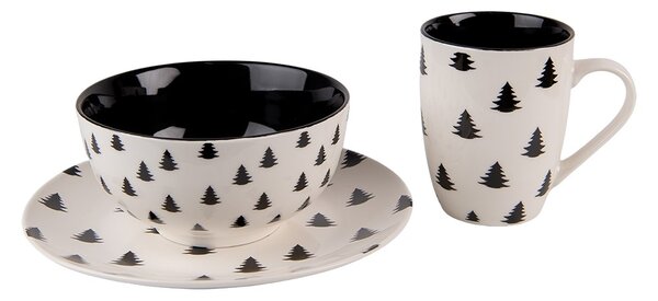Bielo-čierny porcelánový dezertný tanier so stromčekmi Black&White X-Mas - Ø 20*2 cm - Clayre & Eef