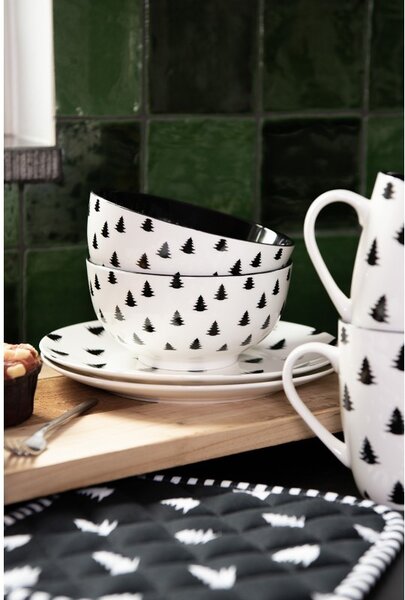 Bielo-čierny porcelánový dezertný tanier so stromčekmi Black&White X-Mas - Ø 20*2 cm - Clayre & Eef