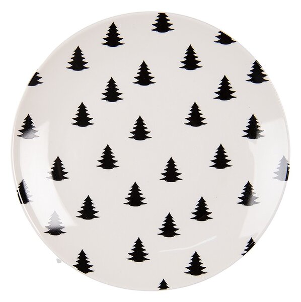 Bielo-čierny porcelánový dezertný tanier so stromčekmi Black&White X-Mas - Ø 20*2 cm - Clayre & Eef
