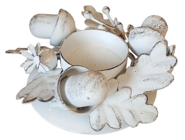 Biely antik kovový svietnik so žaluďmi na čajovú sviečku Clair Blanc - 12*12*4cm - Exner