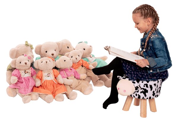 KONDELA Taburet v tvare kravičky, látka Velvet biela/čierna/prírodná, MOLLY