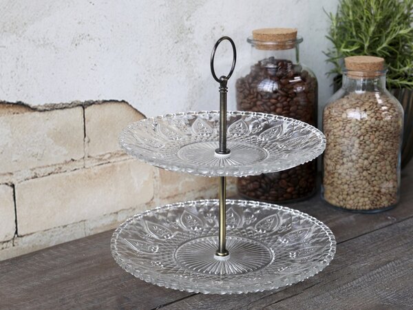 Sklenený 2-poschodový etažér so srdiečkami Heart glass - Ø 22*24 cm - Chic Antique
