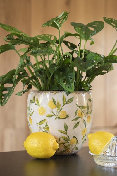Béžový keramický obal na kvetináč s citrónmi Lemonio S - Ø14*14 cm - Clayre & Eef