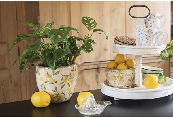 Béžový keramický obal na kvetináč s citrónmi Lemonio M - Ø14*13 cm - Clayre & Eef