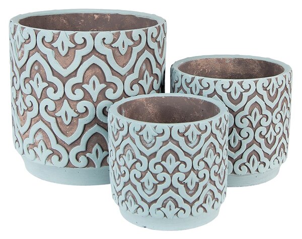 Šedo-modrý cementový obal na kvetináč s ornamentom S - Ø 12*11 cm - Clayre & Eef