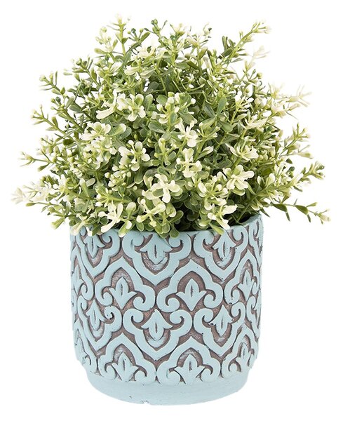 Šedo-modrý cementový obal na kvetináč s ornamentom S - Ø 12*11 cm - Clayre & Eef