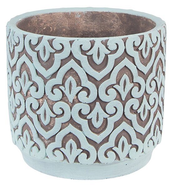 Šedo-modrý cementový obal na kvetináč s ornamentom S - Ø 12*11 cm - Clayre & Eef