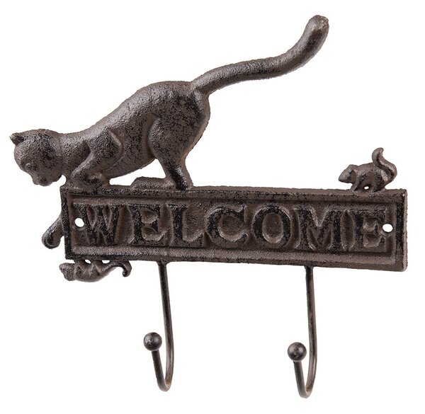 Nástenný liatinový vešiak s mačkou Welcome - 22*5*20 cm - Clayre & Eef