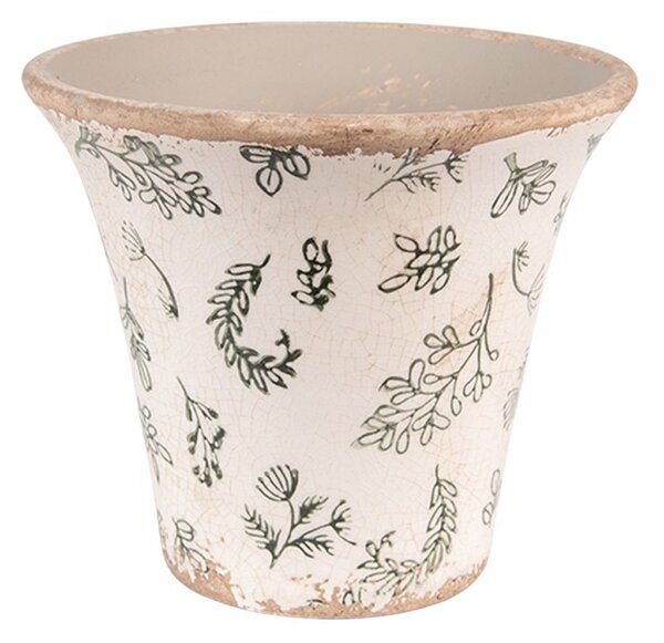 Béžový antik keramický obal na kvetináč so zelenými kvetmi M - Ø 14*13 cm - Clayre & Eef