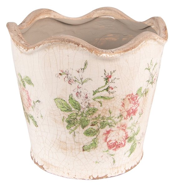 Keramický obal na kvetináč s ružami a vlnitým okrajom Rossia S - Ø12*11 cm - Clayre & Eef