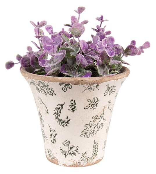 Béžový antik keramický obal na kvetináč so zelenými kvetmi M - Ø 14*13 cm - Clayre & Eef