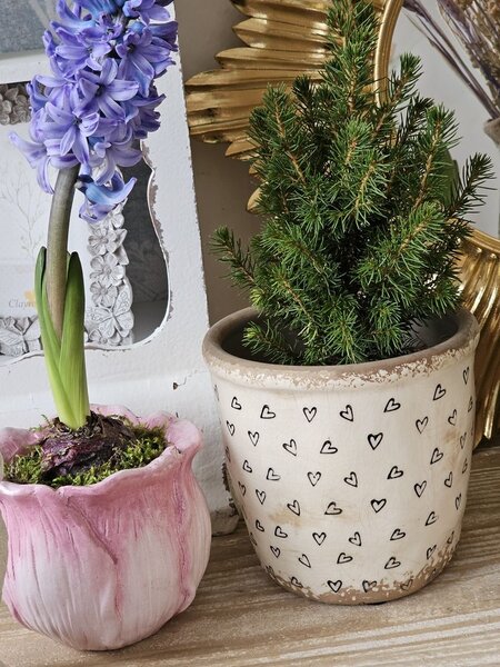 Béžový keramický obal na kvetináč so srdiečkami Hearti M - Ø 14*13 cm - Clayre & Eef
