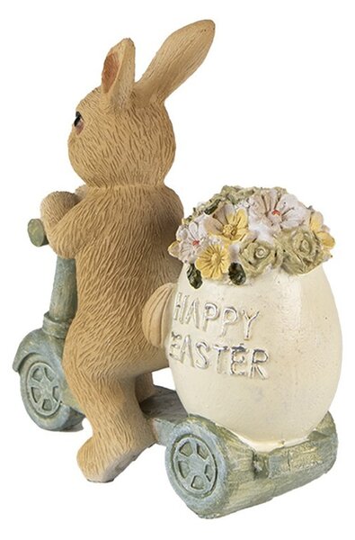 Dekorácia soška králik na kolobežke s kvetinami Happy Easter - 11*5*11 cm - Clayre & Eef