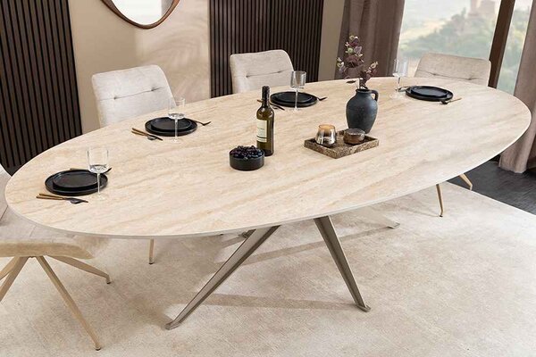 Oválny keramický jedálenský stôl Tavorian 220 cm travertín / šampanský