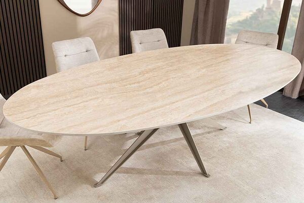 Oválny keramický jedálenský stôl Tavorian 220 cm travertín / šampanský