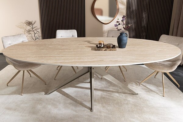Oválny keramický jedálenský stôl Tavorian 220 cm travertín / šampanský