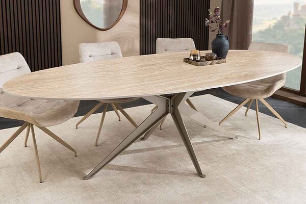 Oválny keramický jedálenský stôl Tavorian 220 cm travertín / šampanský