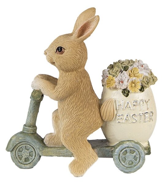 Dekorácia soška králik na kolobežke s kvetinami Happy Easter - 11*5*11 cm - Clayre & Eef