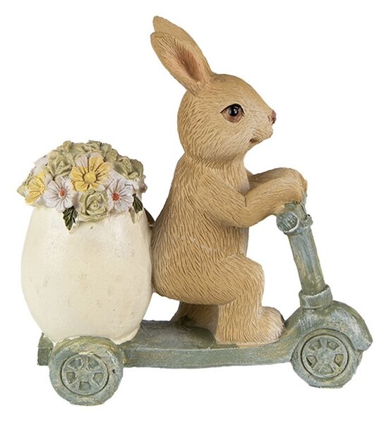 Dekorácia soška králik na kolobežke s kvetinami Happy Easter - 11*5*11 cm - Clayre & Eef
