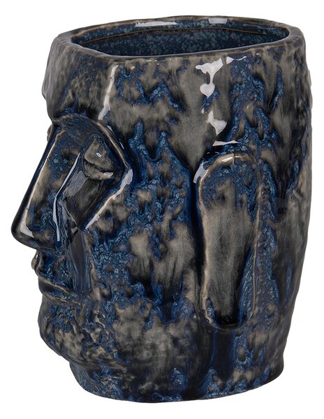 Modrý keramický obal na kvetináč / váza s tvárou Blue Dotty L - 17 * 14 * 21 cm - Clayre & Eef