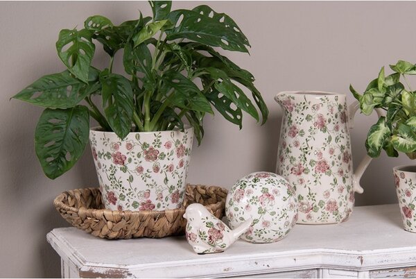 Keramický obal na kvetináč s ružovými kvetmi Lillia XS - Ø12*10 cm - Clayre & Eef