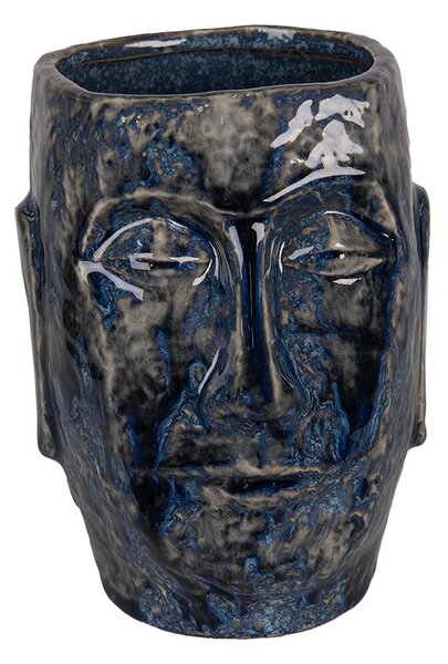 Modrý keramický obal na kvetináč / váza s tvárou Blue Dotty L - 17 * 14 * 21 cm - Clayre & Eef