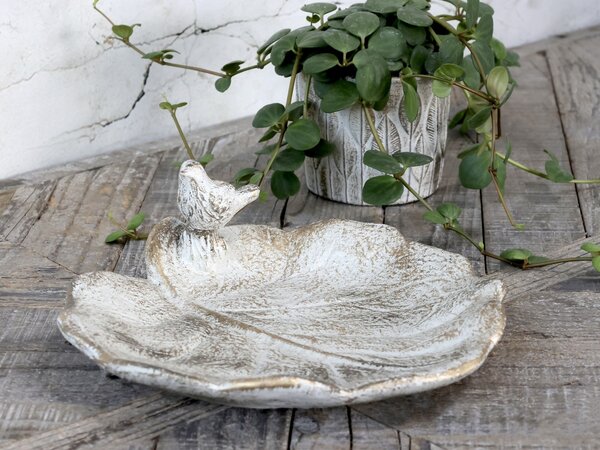 Bielo - zlaté antik cementové krmítko pre vtáčiky Vittel - 31*31*10cm - Chic Antique
