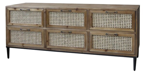 Hnedá antik drevená komoda so šuplíkmi a výpletom French wicker - 122*36*51cm - Chic Antique