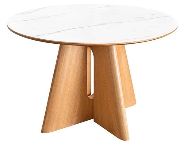 Okrúhly keramický jedálenský stôl Yenibeth 120 cm biely mramor / dub