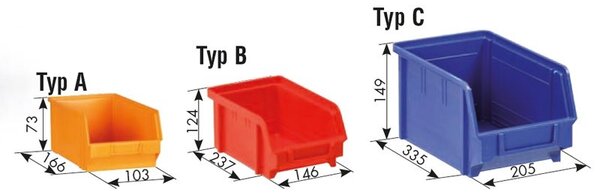 Závesný regál s plastovými boxmi BASIC a priehradkou, 9 boxov