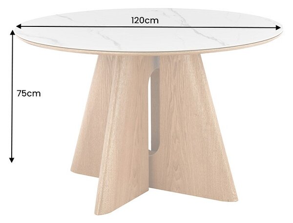 Okrúhly keramický jedálenský stôl Yenibeth 120 cm biely mramor / dub