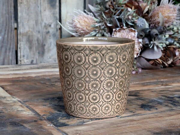 Hnedo-zelený antik keramický obal na kvetináč so vzorom Dante verte - Ø 14*13cm - Chic Antique
