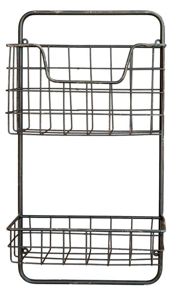 Čierna antik nástenná kovová polička s drôtenými košíkmi Fil de fer - 26*12*49cm - Chic Antique