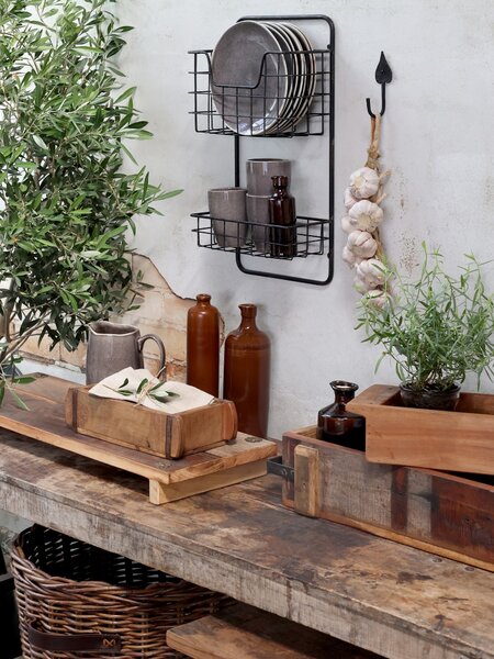 Čierna antik nástenná kovová polička s drôtenými košíkmi Fil de fer - 26*12*49cm - Chic Antique