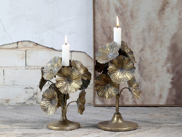 Bronzový antik kovový svietnik zdobený kvetmi Flower - Ø 14*20cm - Chic Antique