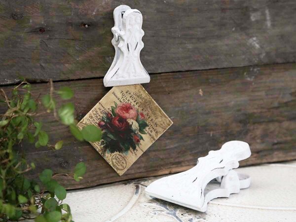 Biely antik nástenný liatinový klip s ornamentom - 6*10cm - Chic Antique