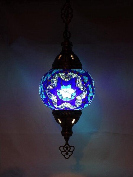 Oosterse Mozaïek Zavesná lampa Modrá - Ručne vyrobená turecká lampa s päticou E-14, výška 78 cm